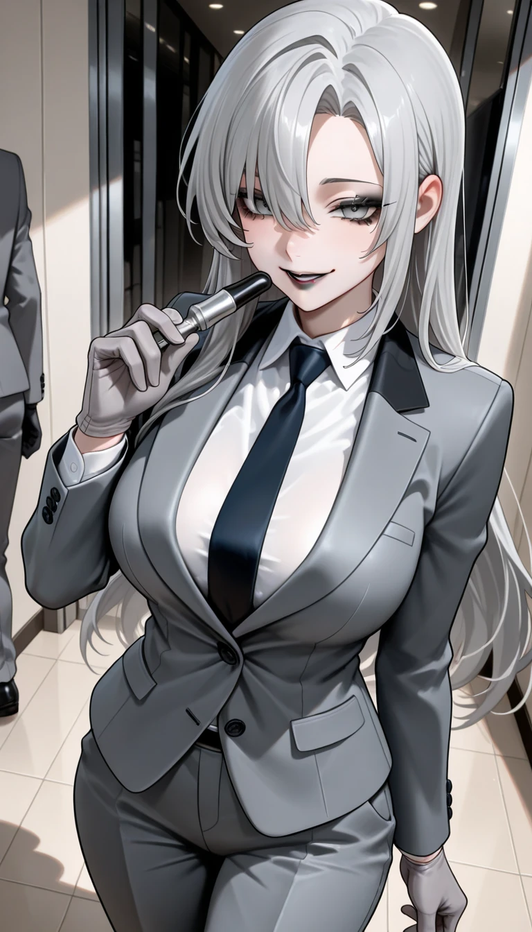 (Highest quality, High resolution, Very detailed), 1 female, Silver Hair, Long Hair, Reddish brown eyes, office staff suit skirt, lace thong, garter belt, secretary, 24th generation, Beautiful woman, mature, quiet, Calm, Large Breasts, A small smile, office,