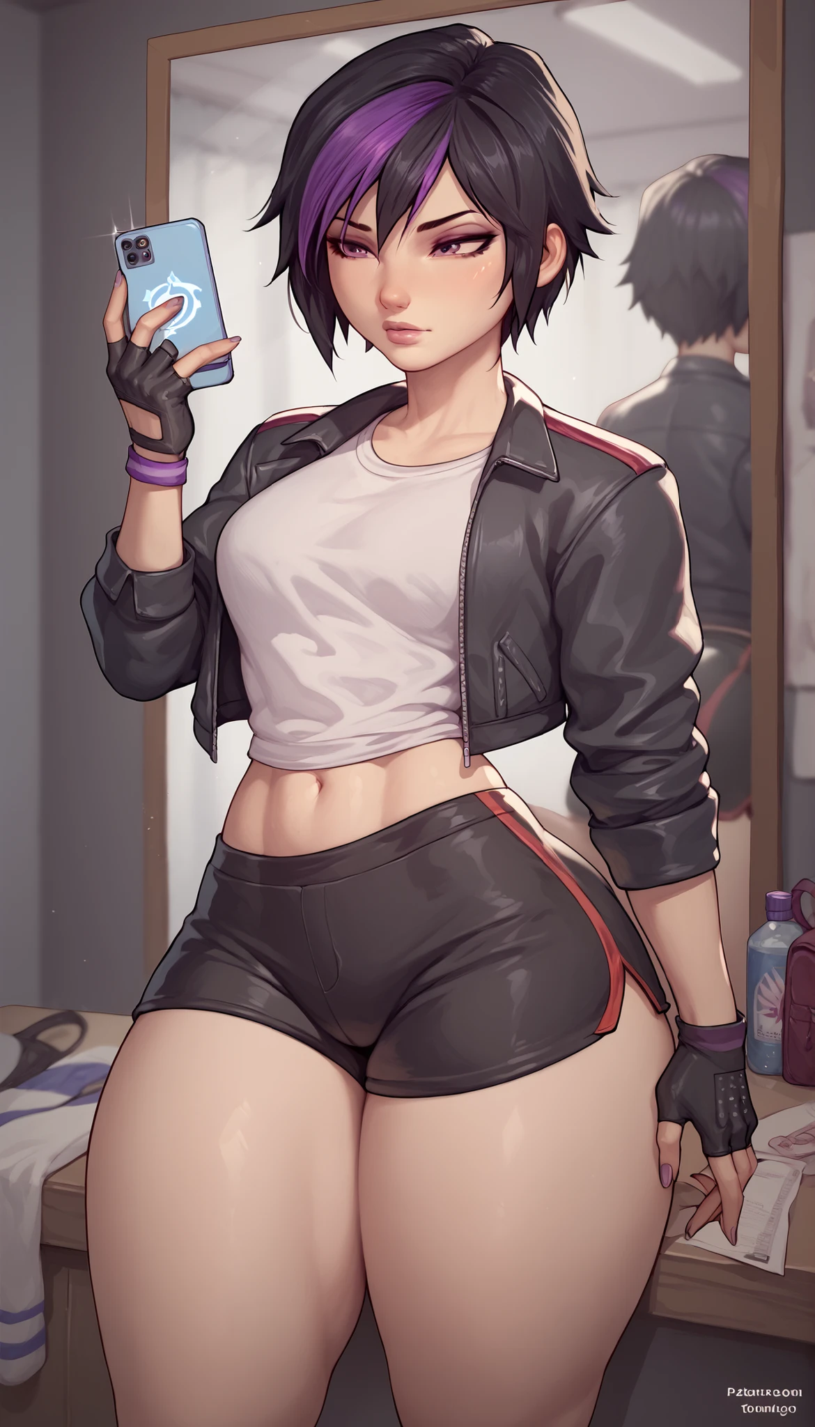 GoGo Tomago short black hair big boobs healed abdomen short white blouse black jacket black gloves on the hand Thighs Thighs black shorts in front of the mirror cell phone in the hand sexy thick thighs big ass sexy