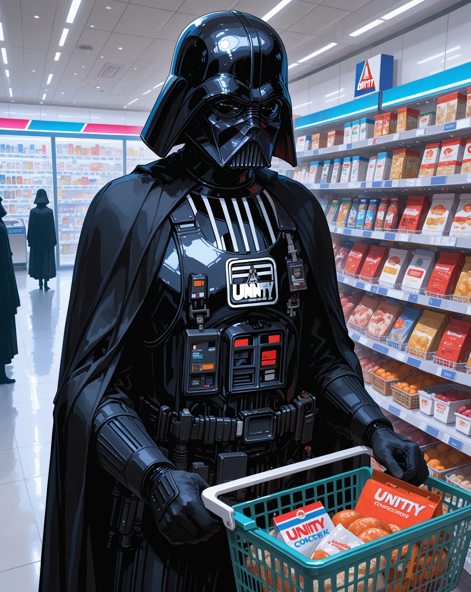 a photo of a stormtrooper woman <lora:sdxl_lora_stormtrooper:1> hourglass figure, shopping at Whole Foods, carrying a shopping basket with multiple items in it, high resolution, beautiful, highest quality, masterpiece, highly detailed