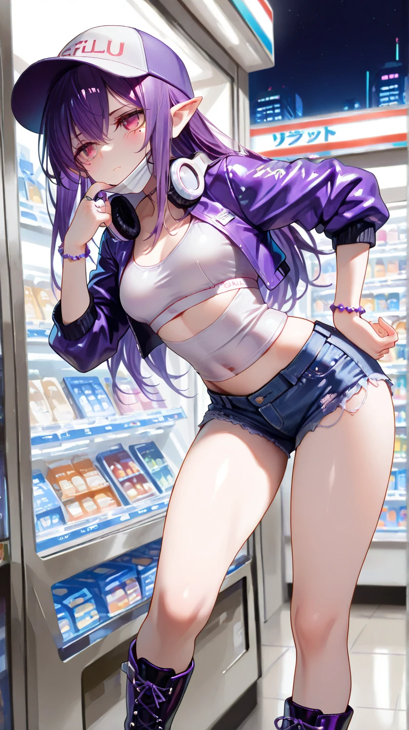 ((Masterpiece)), best quality, absurderes, ultra detailed, holographic, cowboy shot, golden ratio, super cute girl, mature girl, idol girl, super beautiful asian girl with very beautiful violet glowing eyes, beautiful glowing brown multicolored hair, high ponytail, nice and sexy body, slim body, perfect body, an anime printed super tight off shoulder long sleeve crop top, a super aesthetic transparent mini jacket, beautiful hair ornament, pink jordan tennis, being photographed in a mall shop,( undressing, showing neon pink panties, showing thong: 1.5)