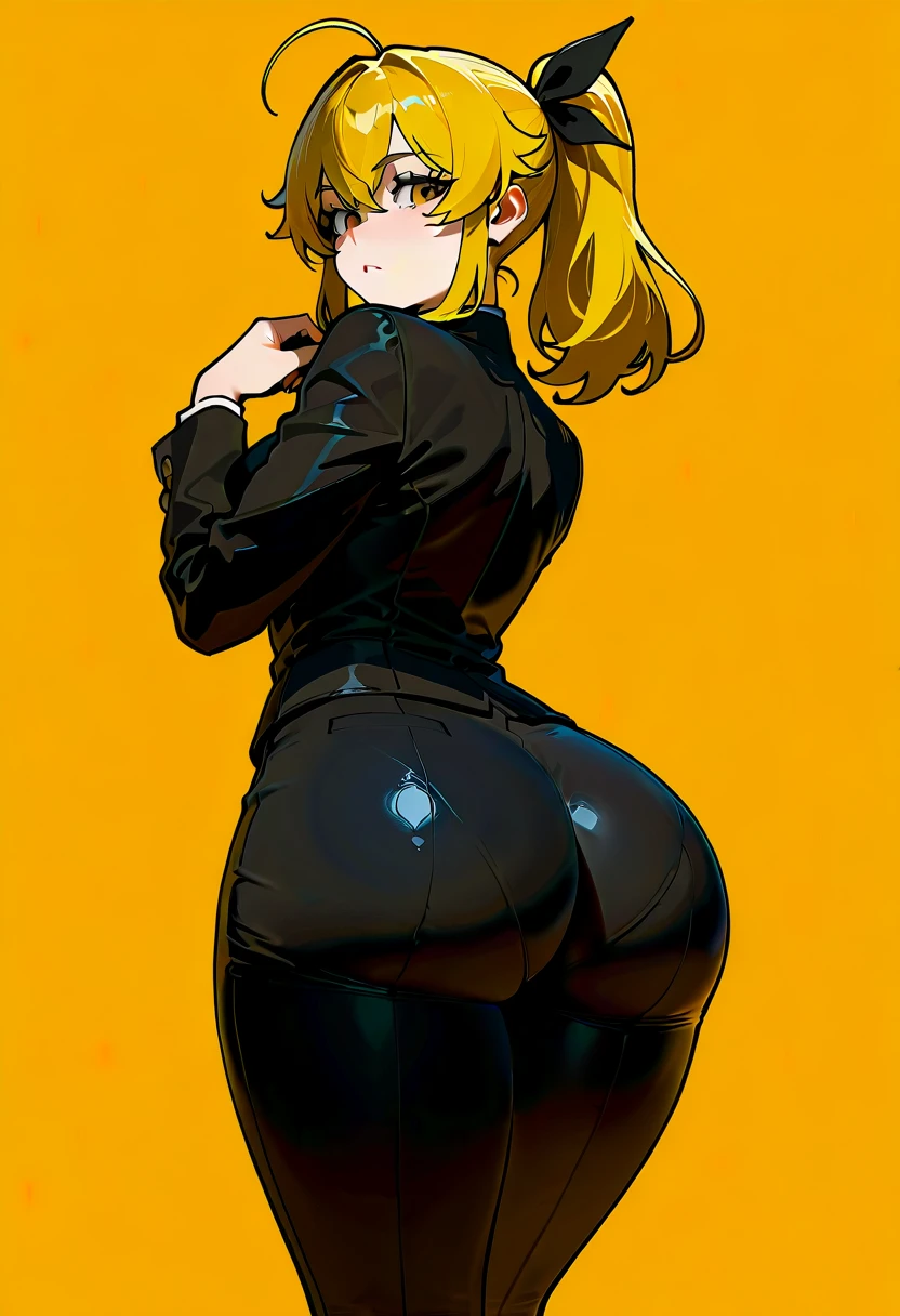 high quality, masterpiece, detailed, Touhou, Moriya Suwako, (black latex suit), The clothes fit perfectly, latex has a strong metallic sheen, Glossiness, shiny, sweat, steamy, whole body slimy, yellow hair, yellow eyes, sidelocks, red hair ribbon, straw hat, Anime face, cute face, Emotionless face, huge butt, ass, looked down, warm backlight, from behind, focus on ass,
