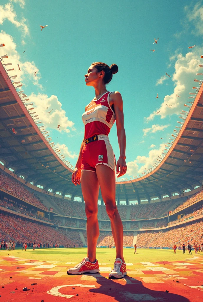 art by earle bergey, pinup art, Masterpiece, best quality, (realistic), beautiful woman, shiny skin, soft lighting, (bodycon), track and field outfit, leaning on a hurdle, bent over, stadium seating in background, down shirt, running shoes, short shorts, cleavage, ((backlighting)), ((bloom)), [light sparkles], ((chromatic aberration)), sharp focus, (perspective:1.1), (from below:1.1), (runner number pinned to shirt)