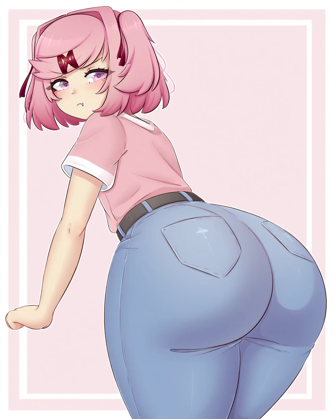 Japanese school Femboy, short hair, pink hair, short skirt, massive ass, massive dick, no underwear, no bra, small breasts, love heart eyes, insane, yandere.