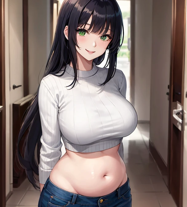 ((Masterpiece, best-quality, ultra detailed, good eyes)), female, Korean, tall, curvy, sweater, jeans, blue eyes, long raven black hair, voluptuous body, (happy look, sweet look)