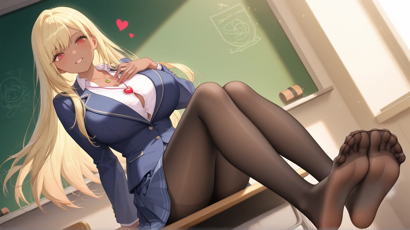 create a 25-year-old anime girl in office attire and black stockings with blonde hair and blue eyes with a luxurious office landscape