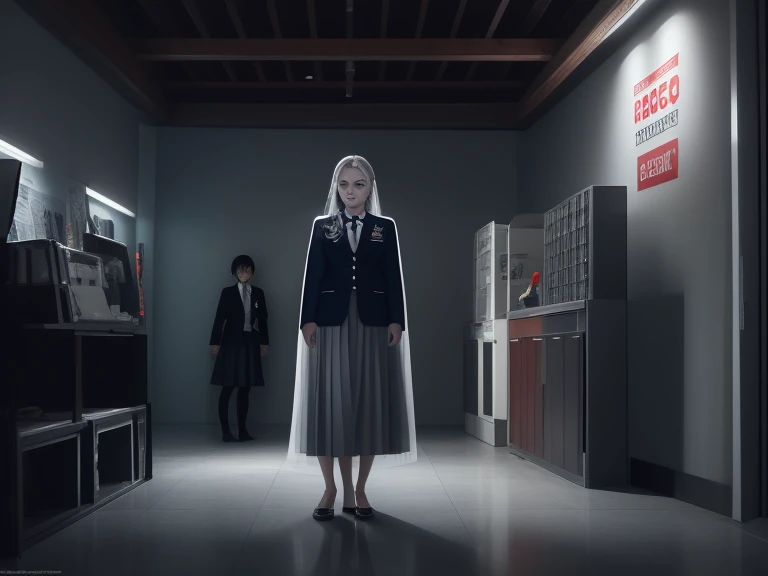 score_9 , score_8_up , score_7_up , source_anime ,best quality, very detailed, high resolution illustration, ultra high definition CG, 8K size wallpaper, (masterpiece),(ghostly , ethereal young woman with floor-length translucent , flowing attire , resembling a cloak),(((konbini,The background is inside a convenience store)))1girl, (((Japanese high school girl, ghost, pleated skirt and blazer uniform , pure,  cute face)))((long gray hair))((red eyes)) ((white skin)) ((black lips)) , cascading hair that adds to her ghostly appearance , Her face is gaunt , pale , ghostly , with a touch of sorrow , gloomy atmosphere ,(An illustration of surveillance camera footage, a downward angle from a ceiling camera, (a fisheye lens, a red "REC" and a recording mark in the bottom left of the screen, eight digits for the year, day, and month in white text in the top right of the screen, and the time 01:23 at night)),,Depth of field, fisheye lens, maximum resolution, aerial view.),