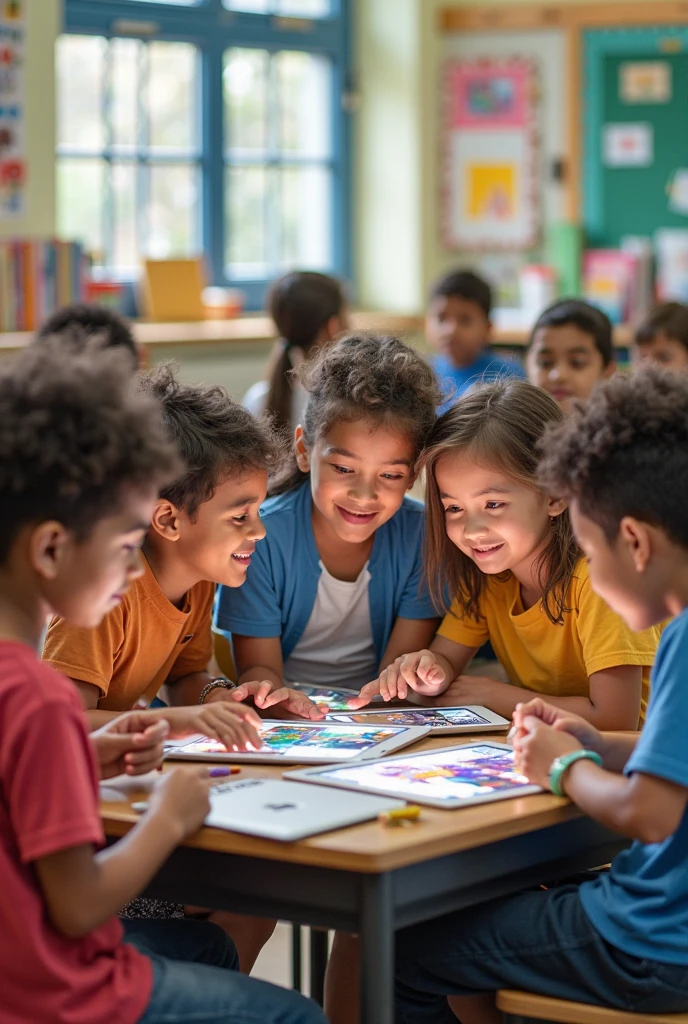 (8K Ultra HD, Ultra Detailed: 1.5): Envisage a joyous scene of a diverse group of children, sitting together, their faces brimming with excitement and curiosity. The children, representing a mix of different ethnic backgrounds, are attentively watching a video screen where a teacher captivatingly narrating a Bible story. Their eyes are lit up with wonder as they take in the story, their expressions radiating pure enjoyment and engagement. The room has a warm, welcoming ambiance, filled with the innocent laughter and the cheerful chatter of children. This vibrant, ultra-detailed image should epitomize the beauty of diversity, the eagerness to learn, and the shared joy of experiencing an engaging teaching moment. --auto --s2