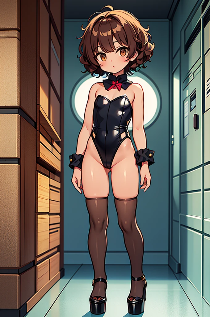 Really embarrassed tomboy thin hairly girl, with short gray curly hair, brown skin and glasses, in sexy Transparent mini bunny suit, full body, Dynamic pose