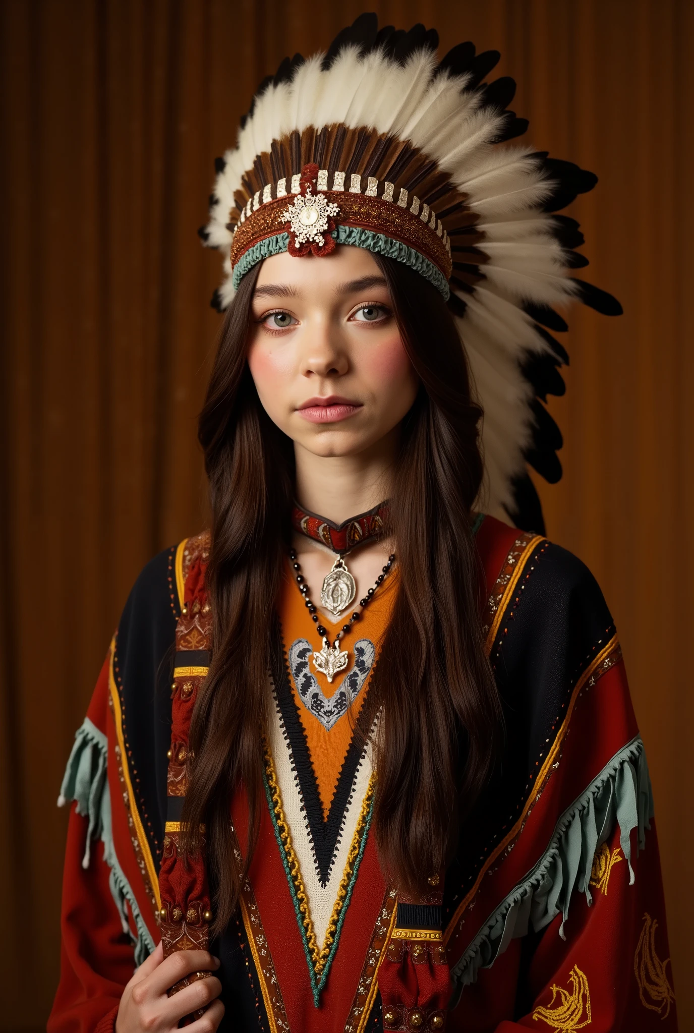 Emma Myers wearing Native American clothing, indiano