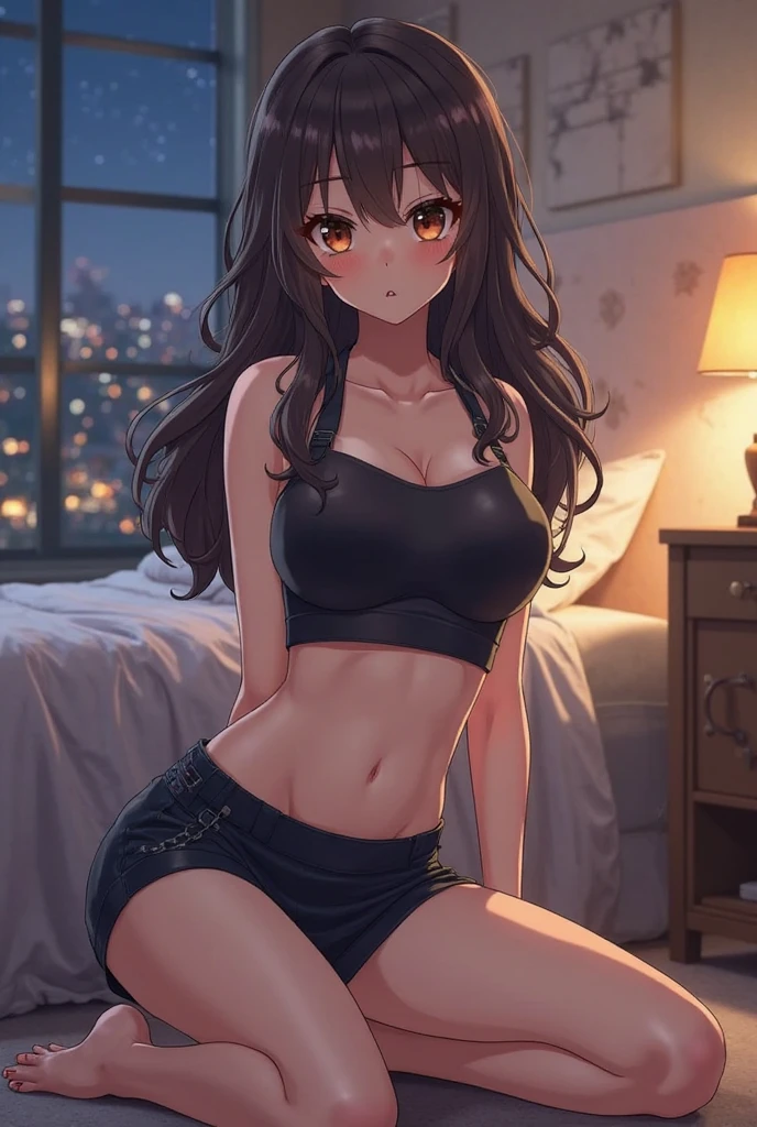 (masutepiece,Best Quality,8K),(extremely detailed CG1.1),teens girl,Smile,large boob,(From below:1.2),Intricate details , Hyper realistic, Perfect Anatomy,A dark-haired,Red Eyes,(((Forehead))),Permed hair with wavy hair,(((length hair))),Hair over one eye,hair slicked back,Full body,tshirts,Black shorts,blush,Happy smile,(((Bedrooms))),Night view,optic,(chromatic abberation:1.3),Dynamic Angle,bird flocks,Cowboy Shot,Looking at Viewer