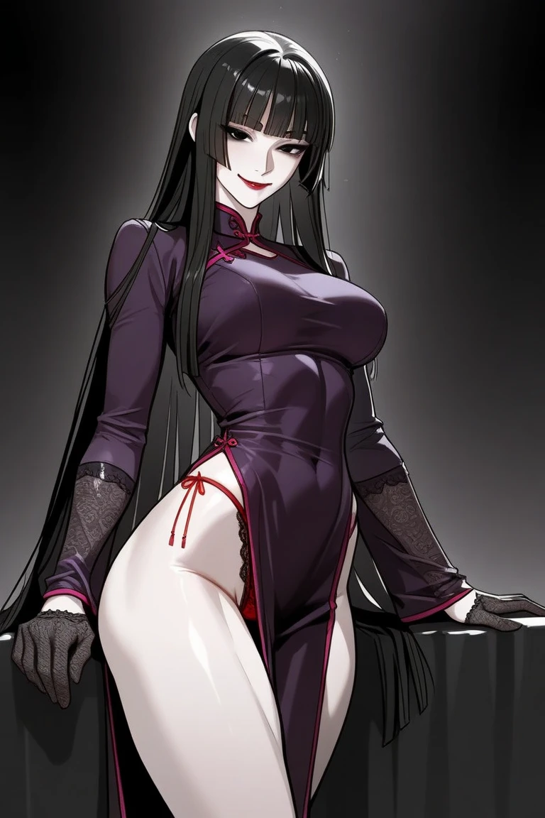(surreal), (illustration), (high resolution), (8K), (very detailed), (best illustration), (beautiful detail eyes), (best quality), (super detailed), (masterpiece), (wallpaper), ( Detailed Face), Otherworld, Alafi in a black low-cut ninja costume and red cape, inspired by Kiyonobu Torii, Korean goddess, Naruto style, realistic fantasy rendering, realistic anime girl rendering, full body portrait, (big breast: 1.4), top collar open to expose the chest, wearing delicate earrings, slender legs, wearing black over-the-knee stockings, popular on CGSTATION, WLOP. 4K, in Naruto style