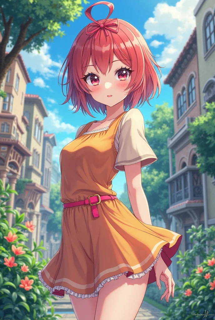 ((masterpiece)), ((best quality)), ((highres)), ((extremely detailed CG unity 8k wallpaper)), solo, iwasawa, yellow sundress, close up, smile, red eyes, outdoors