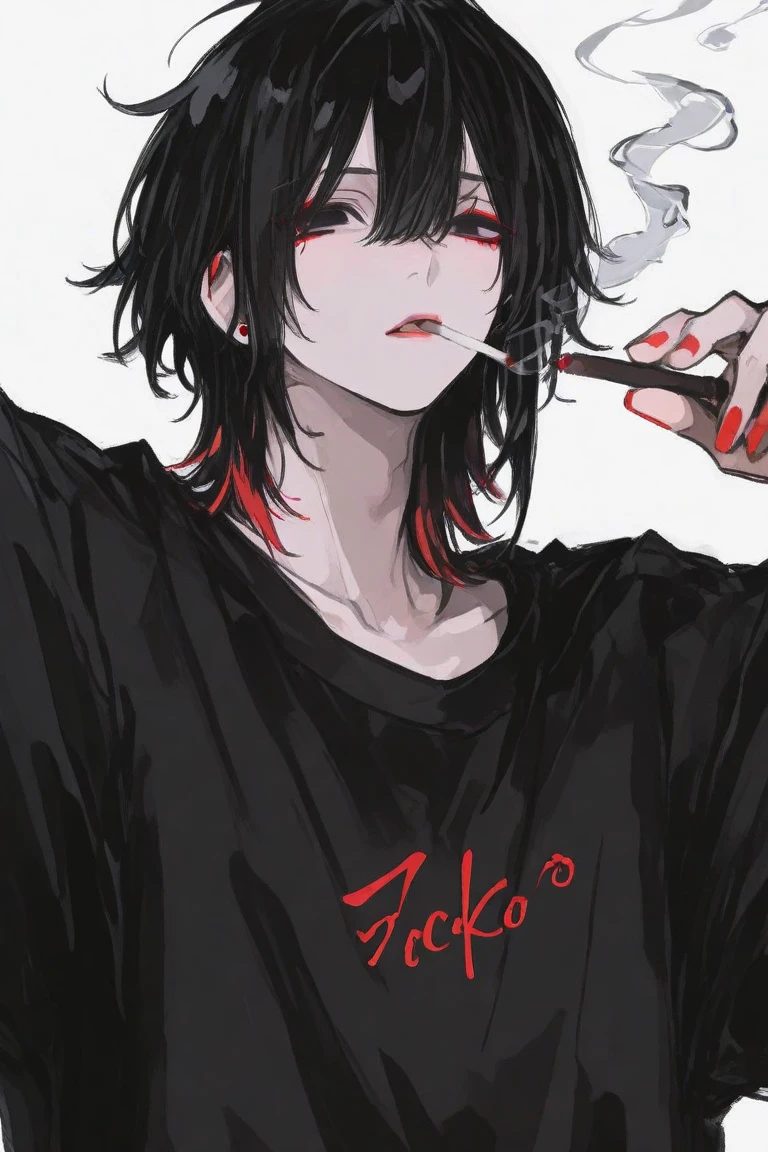Emo boy with piercings smoking big shirt dark circles messy hair dark emo style, tattoos with tired eyes