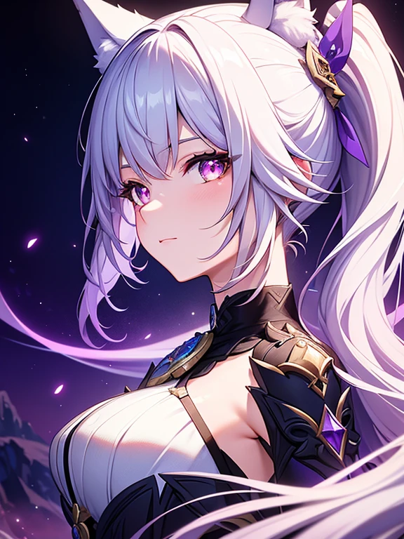 (Dramatic light), (ultra detail body), in horizon, blue, purple starry, Detail sharp face, 1 girl, handsome, cute, 20 yo, short white hair, pony between eyes, red eyes, red eyes vampire, galaxy, starry night, a traveler, magical, astral view, black cloth, dark green coat, anime art