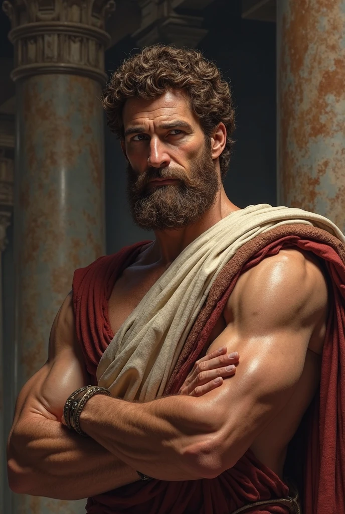 A male stoic philosopher with a well-proportioned and attractive physique, not excessively muscular. He is wearing classic tunics, slightly transparent, that gently drape over his body, subtly revealing parts of his shoulder, with a very short and well-groomed beard, and wavy, well-stylized hair. The philosopher stands tall in a pose of quiet strength, with his gaze fixed forward, symbolizing personal responsibility. His expression is resilient and composed, reflecting inner strength. The scene is set against a completely black background with dramatic lighting that creates deep shadows, enhancing the texture and form. The shot is a medium close-up, framed with a strong vignette and light grain, conveying a timeless sense of stoic endurance. The background has a subtle texture that adds depth but complements the text without overpowering it.