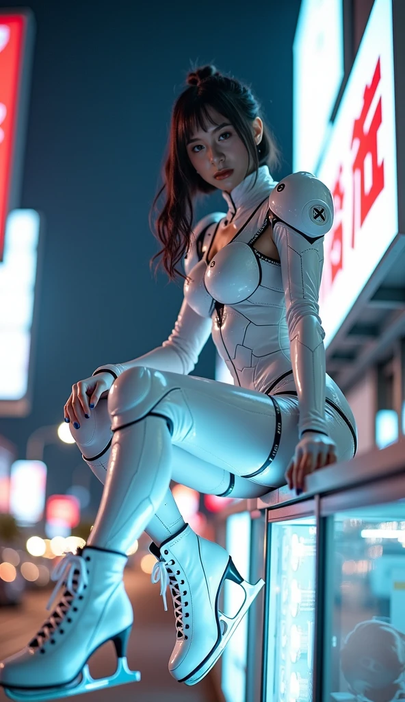 Dystopian, [sci-fi], High Detail RAW color Photo, Full Shot, rear angle, of (cute female arterial intelligence, wearing see-through white chemise), outdoors, standing, on overlook, looking out at sprawling cyberpunk city skyline), toned physique, large ass, (pale skin), perfect face, seductive look, (cybernetic implants:1.2), (augmentations), (cyborg:1.1), (detailed skin, diffused skin pores), silicone, metal, (highly detailed, fine details, intricate), (lens flare:0.5), (bloom:0.5), smog, dust, (badlands:0.8), (observitory:0.7), raytracing, specular lighting, shallow depth of field, photographed on a Sony Alpha 1, EF 85mm lens, f/2.8, hard focus, smooth, cinematic film still, [Cyberpunk:Orwelian:12]