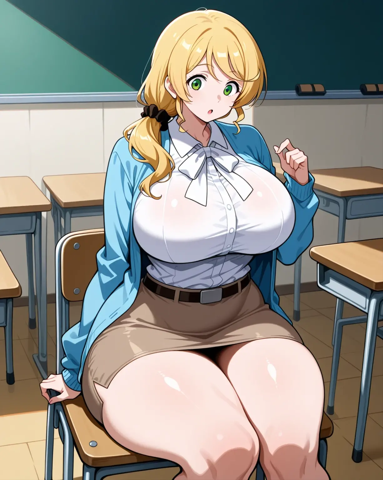 Ino Yamanaka, big breast, big thigh, no clothes , screaming in pain, pussy covered cum, wearing javannese indonesian kebaya, sitting on the desk, squat, classroom, girl masturbation, 4k