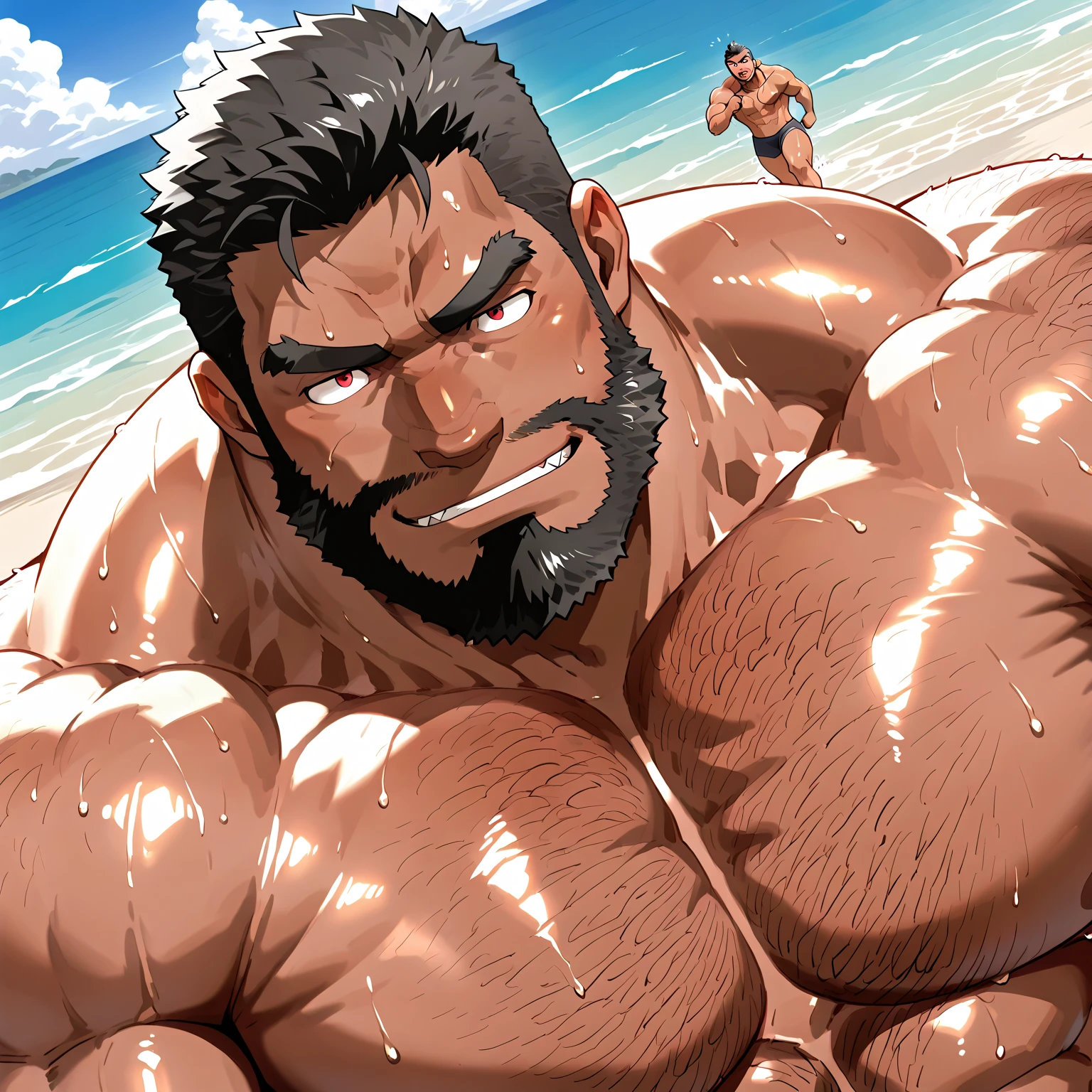 1man, japanese dilf, physical teacher, 40yo, big nose, gray hair, tanned skin, forehead, crewcut, handsome, masculine, pentagon face, middle-muscular, stocky waist, builtfat, slighty chubby, Attractive, pheromonal, male ideal ratio body proportions, BREAK black swim bikini, topless, off shot, male nipples, abs, thigh, small bulge, fullbody, solo, looking side, soft smile, sexy posing, seaside, from side, detailed back ground, romance, dramatic expression, dutch angle, 1980s, visual novel, extreme all detailed CG, masterpiece, best quality