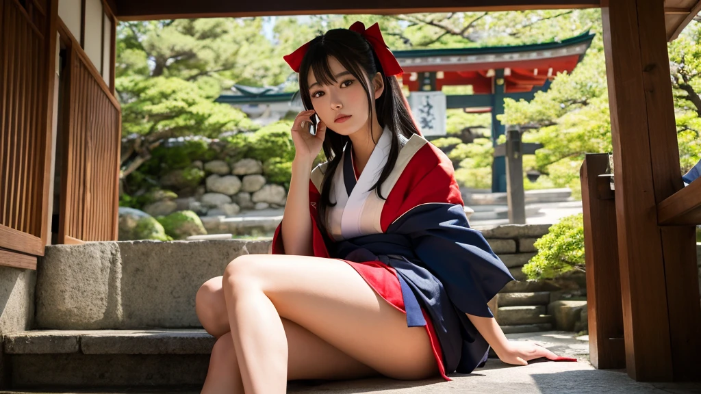 24 year old woman, solo、full body esbian、Height about 145cm, brown eyes, wearing a white kimono、I'm wearing a red hakama、 long straight black hair, The background is the porch of the shrine.、table top, 最high quality, 超high quality, high quality, High resolution, 超High resolution, absurd, 4k, 8k, very detailed, intricate details, great shading, high contrast, realistic, photographのように写実的な, RAWphotograph, photograph, Ultra-fine illustration, shortening, perfect anatomy, correct anatomy, perfect proportions, perfect face, perfect hands, perfect legs, perfect fingers、positive、squat with legs apart、I open my legs and feel itching、private parts visible、embarrassed look、looking at camera、raise both hands