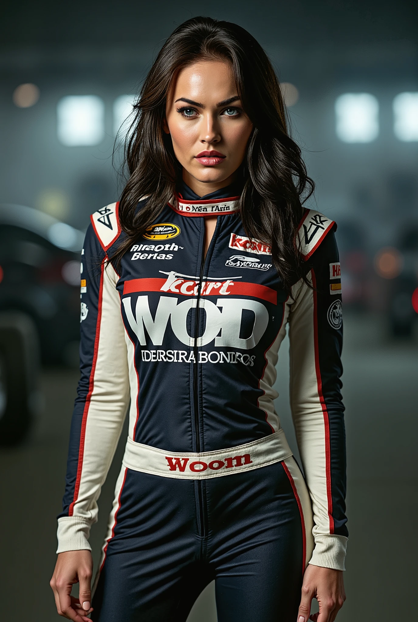 Megan Fox wearing the race driver's uniform