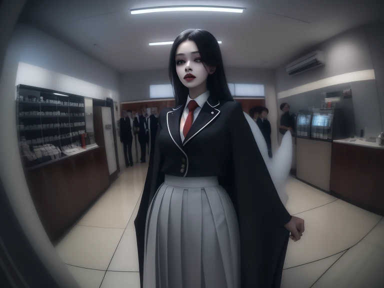 score_9 , score_8_up , score_7_up , source_anime ,best quality, very detailed, high resolution illustration, ultra high definition CG, 8K size wallpaper, (masterpiece),(ghostly , ethereal young woman with floor-length translucent , flowing attire , resembling a cloak),(((konbini,The background is inside a convenience store)))1girl, (((Japanese high school girl, ghost, pleated skirt and blazer uniform , pure,  cute face)))((long gray hair))((red eyes)) ((white skin)) ((black lips)) , cascading hair that adds to her ghostly appearance , Her face is gaunt , pale , ghostly , with a touch of sorrow , gloomy atmosphere ,(An illustration of surveillance camera footage, a downward angle from a ceiling camera, (a fisheye lens, a red "REC" and a recording mark in the bottom left of the screen, eight digits for the year, day, and month in white text in the top right of the screen, and the time 01:23 at night)),,Depth of field, fisheye lens, maximum resolution, aerial view.),