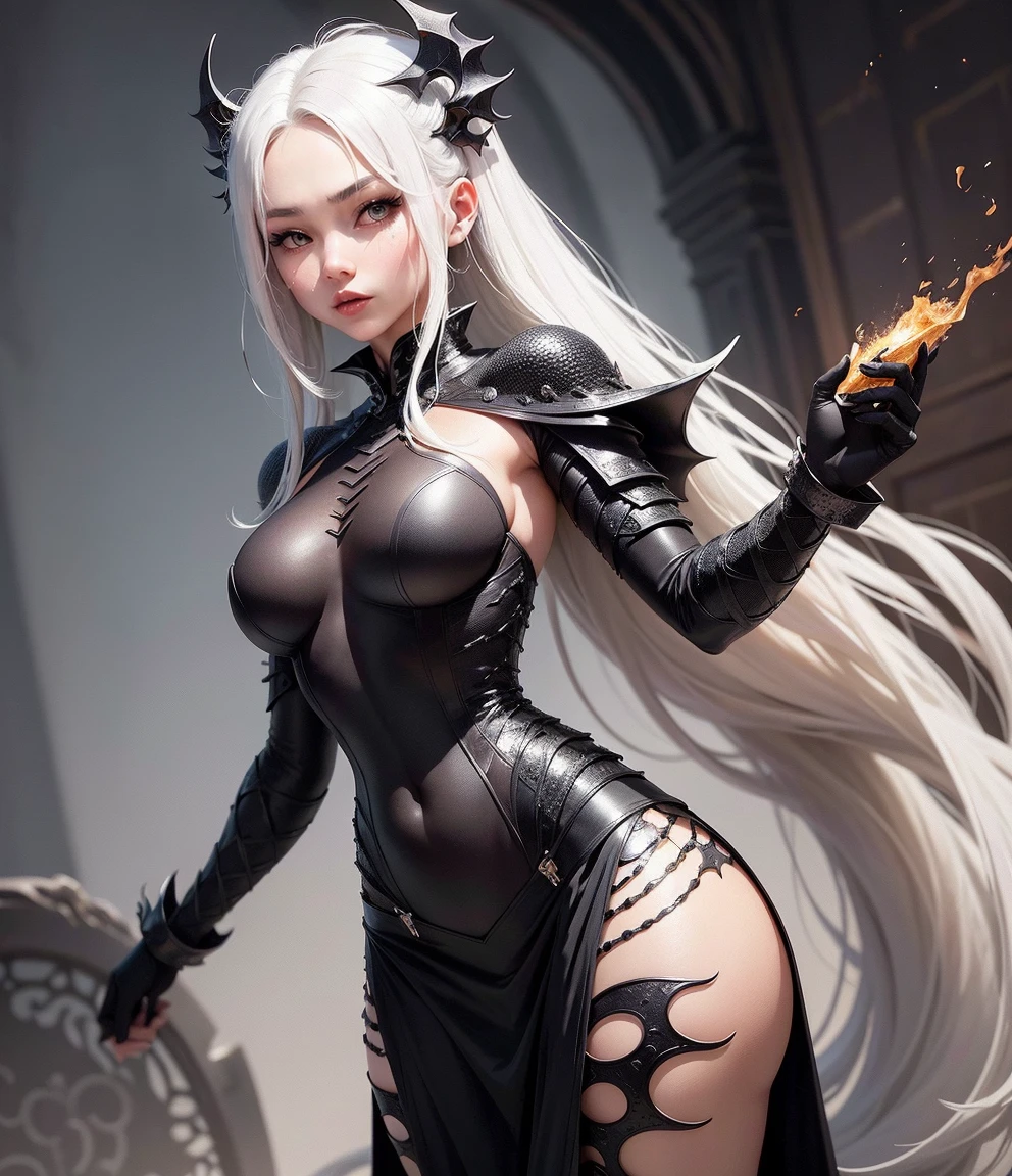 Zerg Queen Beautiful Girl: Lanlinger 18 years old, short wavy white hair styled in a bob, red eyes, oil painting, beautiful perfect face with a beauty mark, soft skin, perfect face, light black and dark shades added, Complex details, start screen, 8k resolution, masterpiece, cute face, mysterious magical background, standing with a menacing and deep look, wearing a black dress with black horns, large bust, wide malevolent smile, European features, hourglass figure (large hips, large bust, slim waist), surrounded by a dark glow