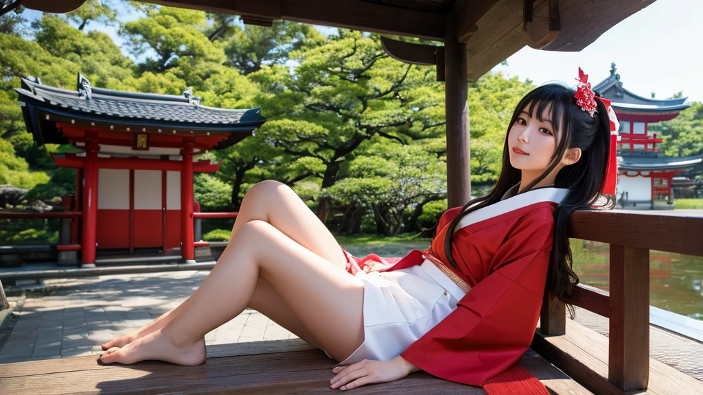 A shrine maiden is elegantly dressed in a thin, sheer Japanese kimono and stands gracefully on a sacred hill in the forest., A gold collar around his neck、Her chest is exposed and beautiful.。The feet are wearing sandals.。A kimono with a waist-length slit and knee-length。The colors are a perfect combination of red and white, which are symbols of purity.. Her jet black hair flowed long, well maintained、Shining in the sunlight. Her deep, His bright dark eyes radiated calm and wisdom., As if it holds an ancient tale from the past.. 彼女の滑らかで対称的な顔は日Book人の柔らかい落ち着いた、A gentle smile that gives off an aura of peace to the viewer, with the teeth faintly visible。Towards the sky diagonally above to the right、Her beautiful fingertips are pressed together in prayer。The fingers of the hand5Book、The toes5Book、Drawing in detail
