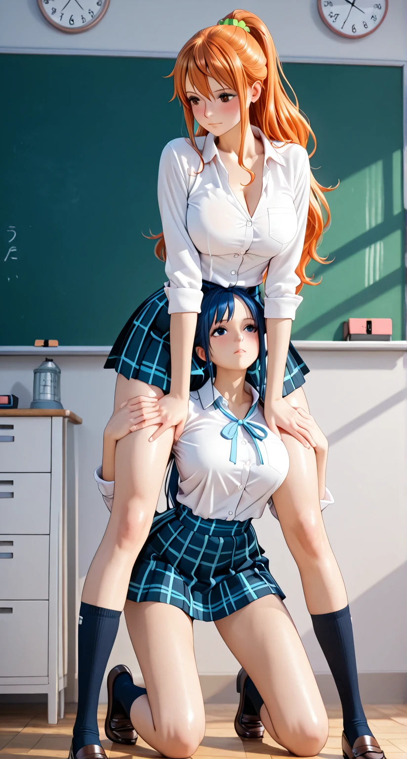 score_9, score_8_up, score_7_up,rating_explicit, aax,very aesthetic,indoors,highschool,classroom,intersex\intersex,cowboy shot,BREAK 2girls,futanari,intersex,dick girl,retro artstyle, standing, futanari masturbation,kissing,french kiss,saliva trail, ((rubbing penis each other)),looking at another,highly detailed face,beautiful eyes,(gigantic breasts:1.2),reverse bunnysuit,fake rabbit ears,exposed breasts,nipples,long sleeves,animal choker with chain,groin,torn pantyhose, BREAK [large penis:(triple penises,Quadruple penises,extra penises:1.25):6],daze,orgasm,half-closed eyes,unfocused eyes,(open mouth),tongue out,saliva,BREAK (Fujisaki shiori,red hair,long hair),(saki nojino,short hair,blue hair), cinematic lighting,from above,zPDXLxxx, best quality,absurdres,intricate details,official art, 