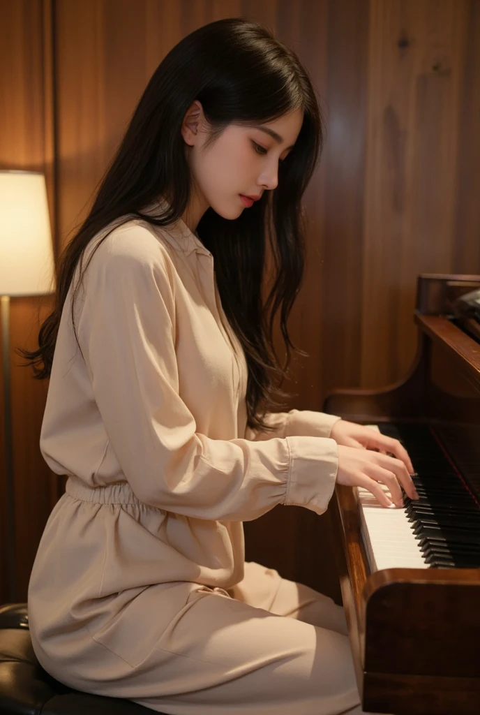 Full body view, feet in view, portrate of japanese 1girl,22yo,detailed face ,orange hair, pink hoodie, pantyhose, short skirt, no shoes, playing grand piano , sitting, recording studio,dim lighiting, no shoes