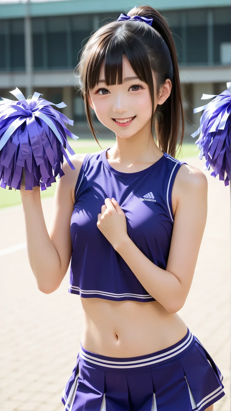 ((Noble color scheme with purple and metallic silver as the main colors. The décolleté portion uses skin-colored and black power nets to create a one-shoulder look, while the skirt is shaded in acid blue and royal. Gorgeous patterned A long-sleeved top with a distinctive transitional design and a tight skirt with diagonal transition1.5)), ((very tight Cheerleaders:1.5)), (toyota stadium:1.4), (smile:1.5), (from above:1.5), (Seductive pose:1.5), (cowboy shot:1.3), sun, 1girl, (medium breasts:1.3), (glossy:1), (detailed and structured patterns:1.6), (looking up:1.3), (18 years old:1.5), masterpiece, ultra high res, (photorealistic:1.4), 8k, RAW photo, best quality, sharp focus, (bokeh:0.1), bloom, (silhouette lighting:1.6), (wide angle lens:1.6), (distance view:1.6), (very wide shot:1.5),