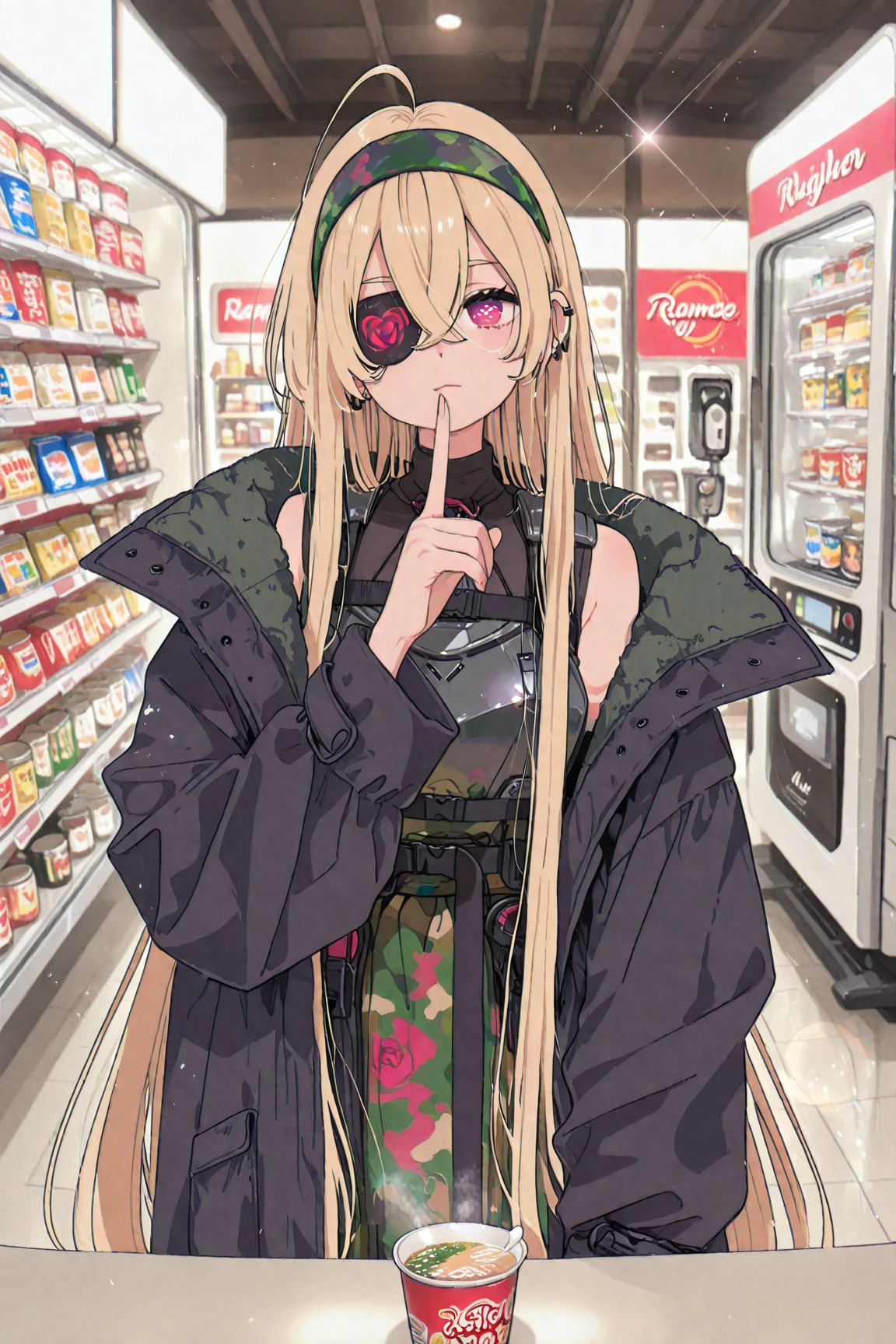 Anime Japanese Camouflage Black Sleeveless Machine Heavy Armor Blonde absurdly long hair crossed bangs Camouflage Long Coat Long Coat with Long Bangs ear piercing Machine Headband Right Handed Cup Ramen Rose Pattern Eye Patch index finger Indoor convenience store night Lens Flare