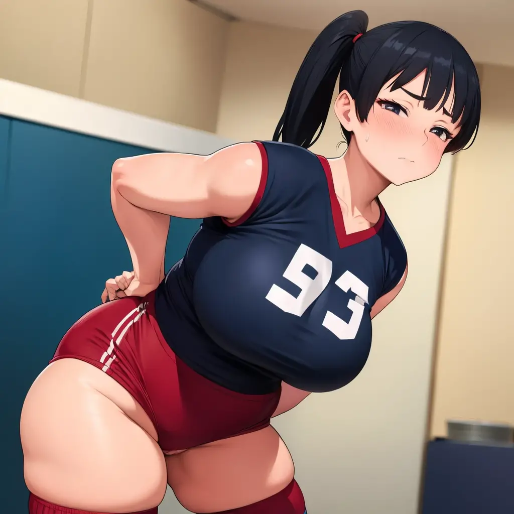 Black hair, wide hips, really thick thighs, Bursting breasts, huge bust, sweaty, areola, volleyball