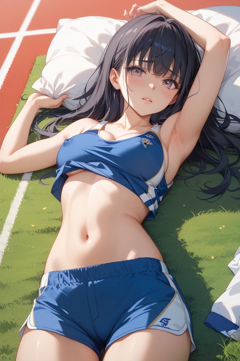 1 girl, sports bra, buruma, sitting, spread legs, stretch arms, arms down