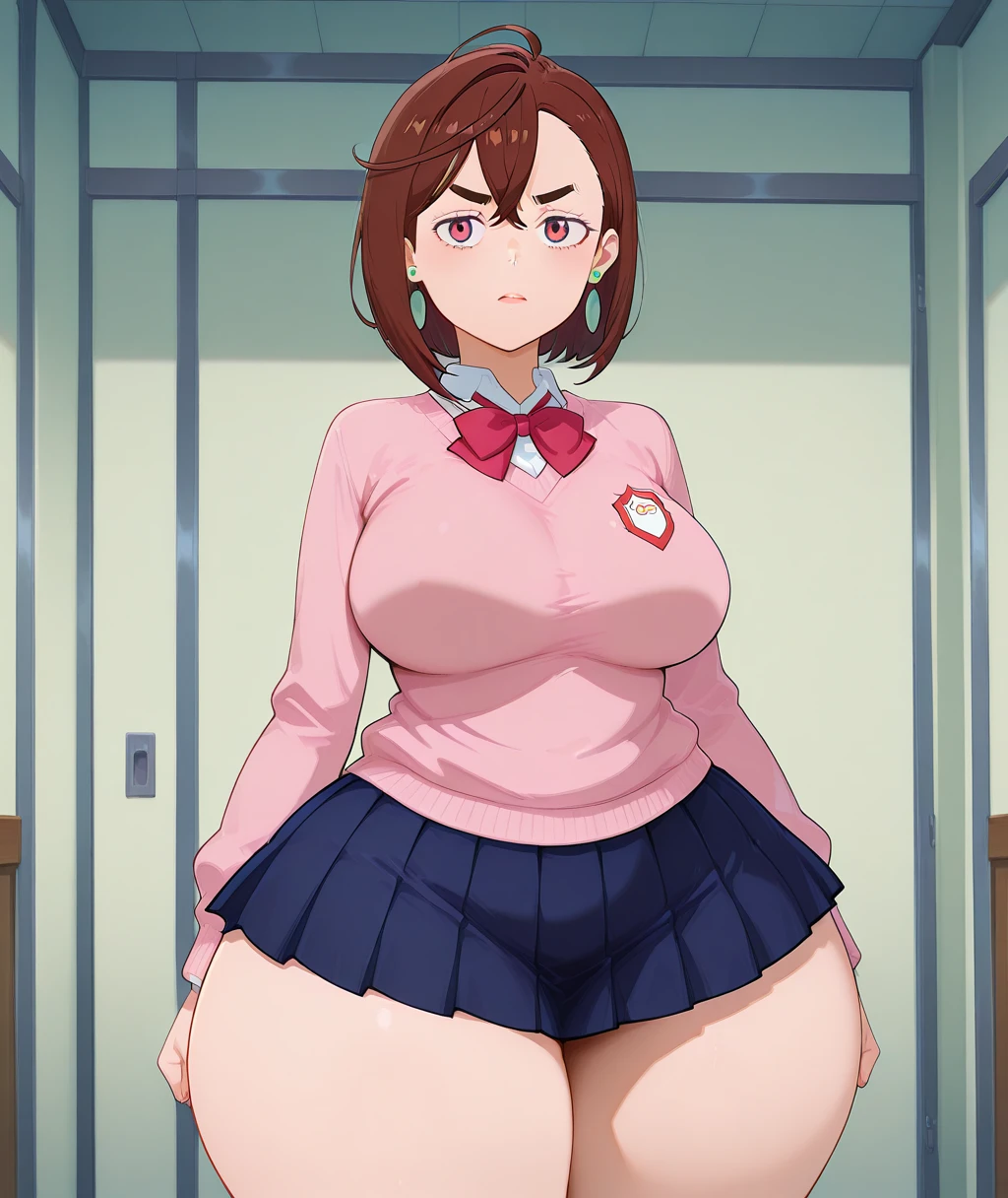 highest quality, High resolution,Anime Screen Capture, SF、three women、realistic, masterpiece, highest quality, perfect ???????, (fine eyes), (nurse, huge breasts、Chubby), Sweat, city,、((White Pink Sci-Fi Suit、white gloves、White pink knee socks))、 cyborg、pink bikini、green eyes、hand on chest、short hair、((brown hair)) ,braid pigtails、  ((blush))、(wide hips)、smile、 closed one eye、((((embarrassing))))、((Red Rim Glasses))、Are standing
