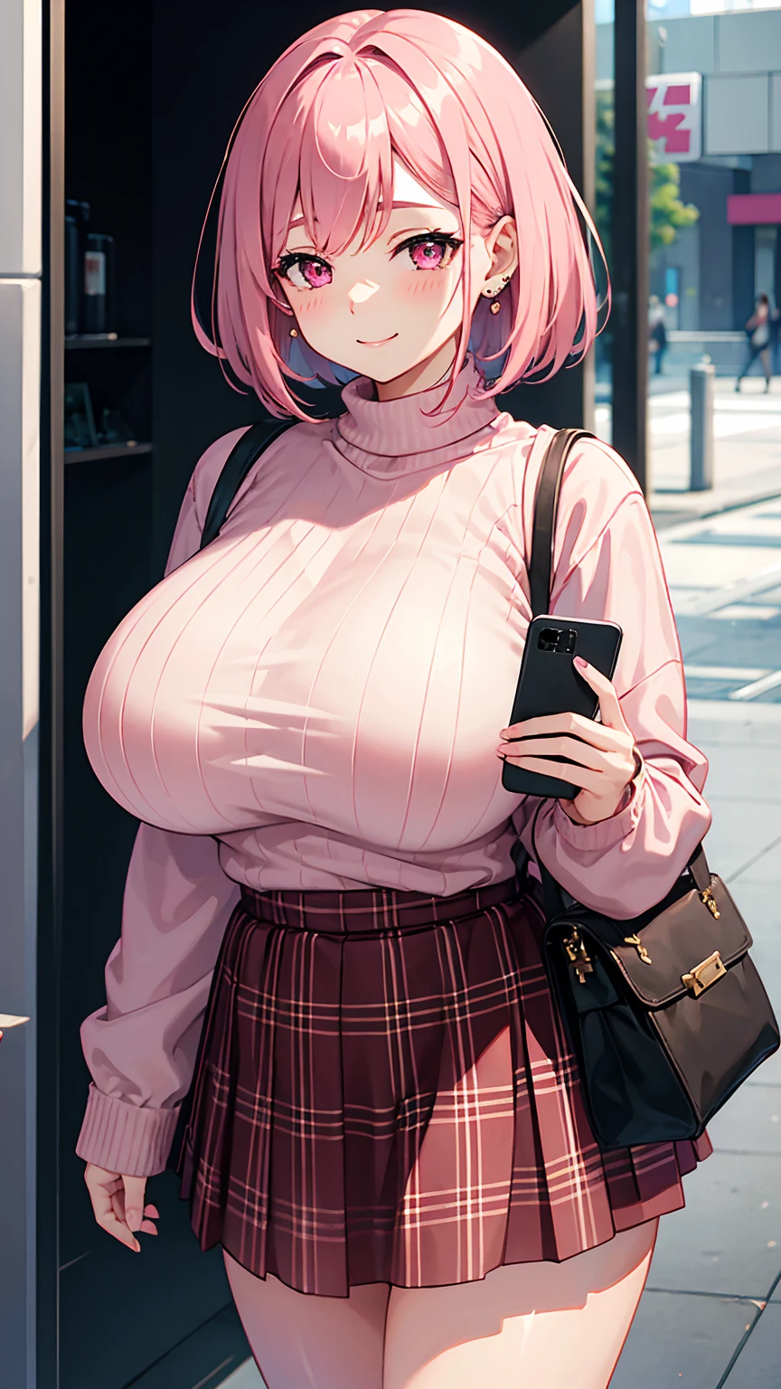 sagging breasts,mature female,huge breasts, gigantic breasts, (((face focus))),solo,grin,bag,Sweater , tree lined street,cowboy shot,off shoulder,black hair,long hair,straight hair,blunt bangs,gyaru,makeup,pink eye,inner blue color hair,high waist pencil skirt,Brown plaid skirt,buggy clothes