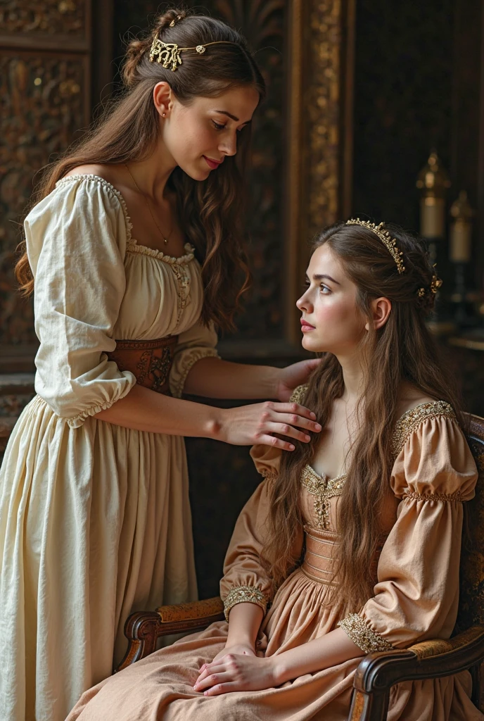 England, 1337. A young ((((20-year-old)) Caris Wooler)), attractive, expressive eyes, chatting with a friend, intertwined arms. ((((clothings from the 1300s, gown)))), ((light chestnut hairstyle of the 1300s))