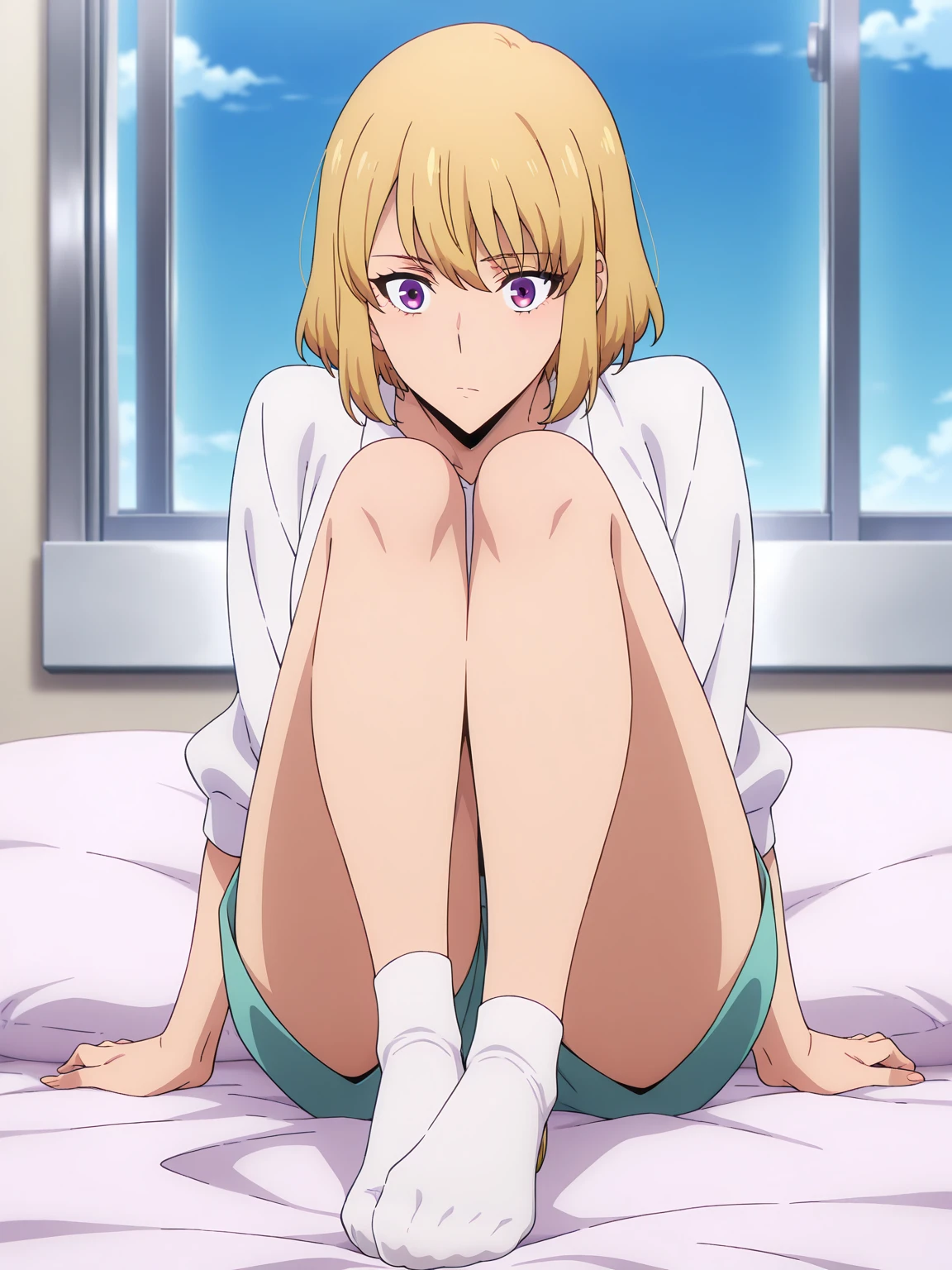 blushed、(Feminization、sit with curled under、pigeon-toed、white erotic panties)、short-hair、full body Esbian、feminine breasts、ligh brown hair、(masutepiece, Best Quality)、 Shiny skin、(1girll: nase, Naughty blush, Sweat flows)