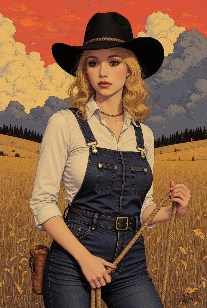 a sexy girl in the middle of a wheat field, very long hair, cowboy hat, unbuttoned white shirt, cleavage, checkered miniskirt, detailed belt, sexy posing, show tits, dark clouds, eroticism, sexy image, black and white,(best quality,4k,8k,highres,masterpiece:1.2),ultra-detailed,(realistic,photorealistic,photo-realistic:1.37),intricate details,vivid colors,sharp focus,professional,Dave McKean artwork, oil touch of surrealism,oil painting style,portrait,woman,beautiful detailed eyes,beautiful detailed lips,dreamlike atmosphere,shadow play,soft lighting,playful pose,minimalist room,dark hues,ethereal background,fantasy elements,texture,layered composition.