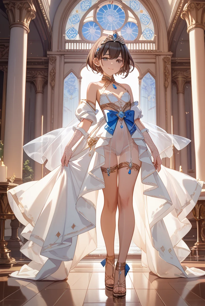 Official Art, Masterpiece European female, elvish, short hair, pale brown hair , brown eyes, (masterpiece、top-quality、hight resolution: 1.4),in 8K, Drawing of a woman with short pale brown hair, Anime Art Nouveau, highly detailed exquisite fanart, anime fantasy illustration, clean detailed anime art, detailed anime art, Sharp Focus, Delicate Beautiful Hair and Eyes and Face, realisitic, ultra-detailliert, flower garden, sunlight
