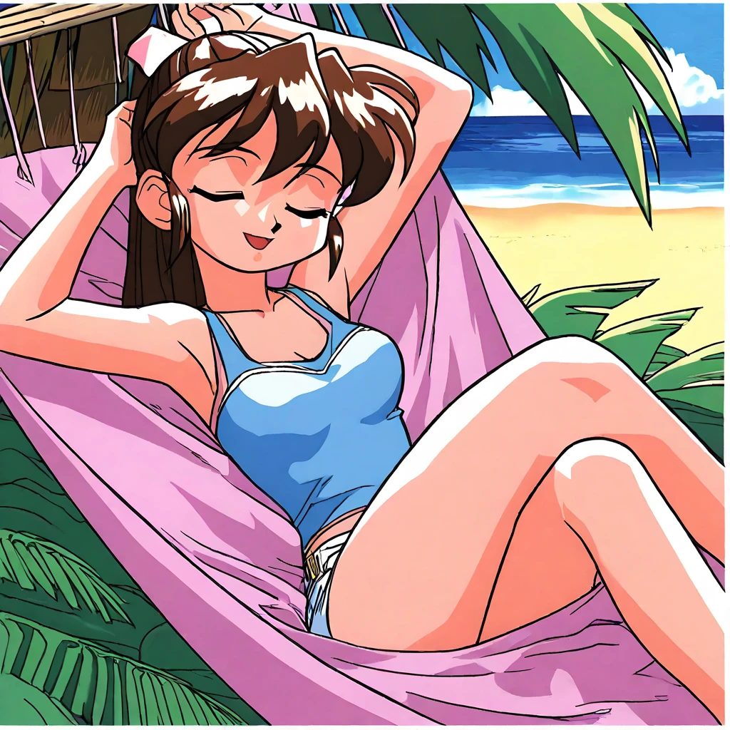 A girl, 80s anime style, retro, lo-fi, outside, piercing, Swimwear