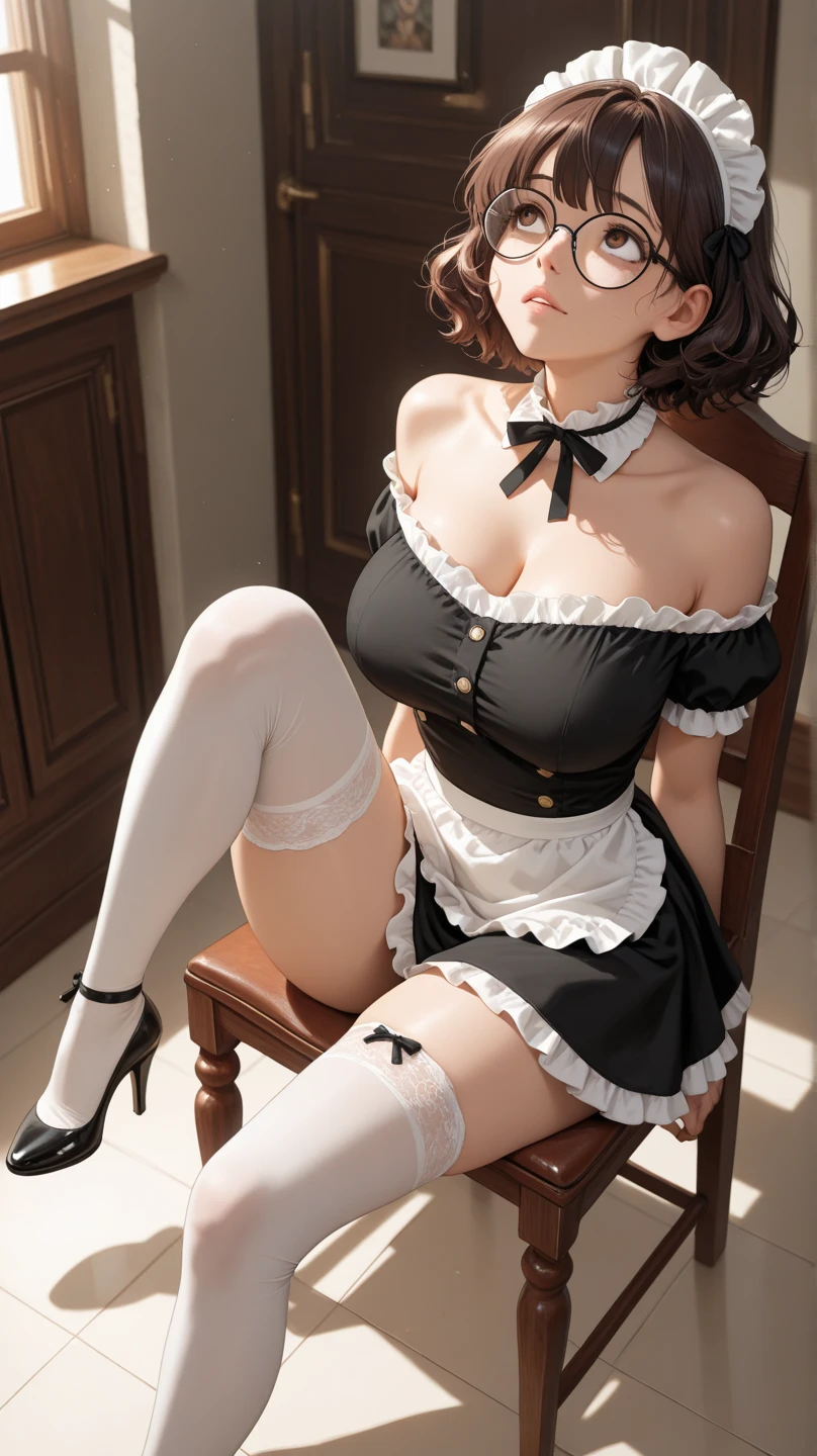 official art， unity 8k wallpaper， Super detailed， beautiful and beautiful， masterpiece， highest quality， SF， （night：1.2）， （1 girl：1.3）， （young：1.1），the image is clear，Close-up portrait of a woman in a dress and stockings, gorgeous maid, Maid clothes，I&#39;I&#39;m shy， smile， face turns red， black hair， hair ribbon， （cinematic lighting：1.2），Maid clothesを着て写真を撮る人，Maid clothes，lace dress，Gorgeous themes，realistic dress，Highly detailed skin details，Clock Machine，beautiful maid，feminine beauty，amazing character art，ray tracing , (((13 year old girl, short bob, full body figure, skirt lift, slim, thin thighs)))
