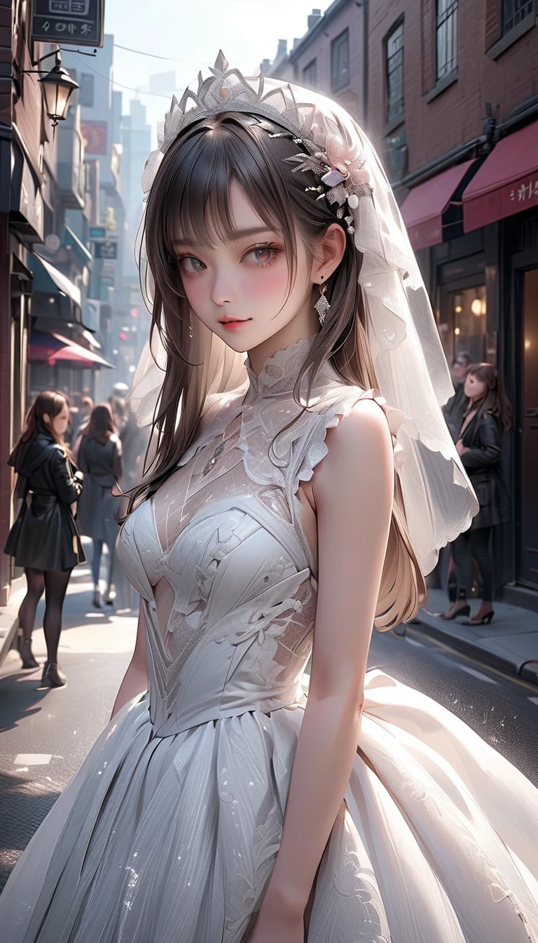 The girl is wearing a white wedding dress, the girl shows her delicate collarbone, the girl's chest is very large, the girl looks afraid and nervous, the night street, delicate facial features, perfect face shape, the lewd uncle stands next to the girl,