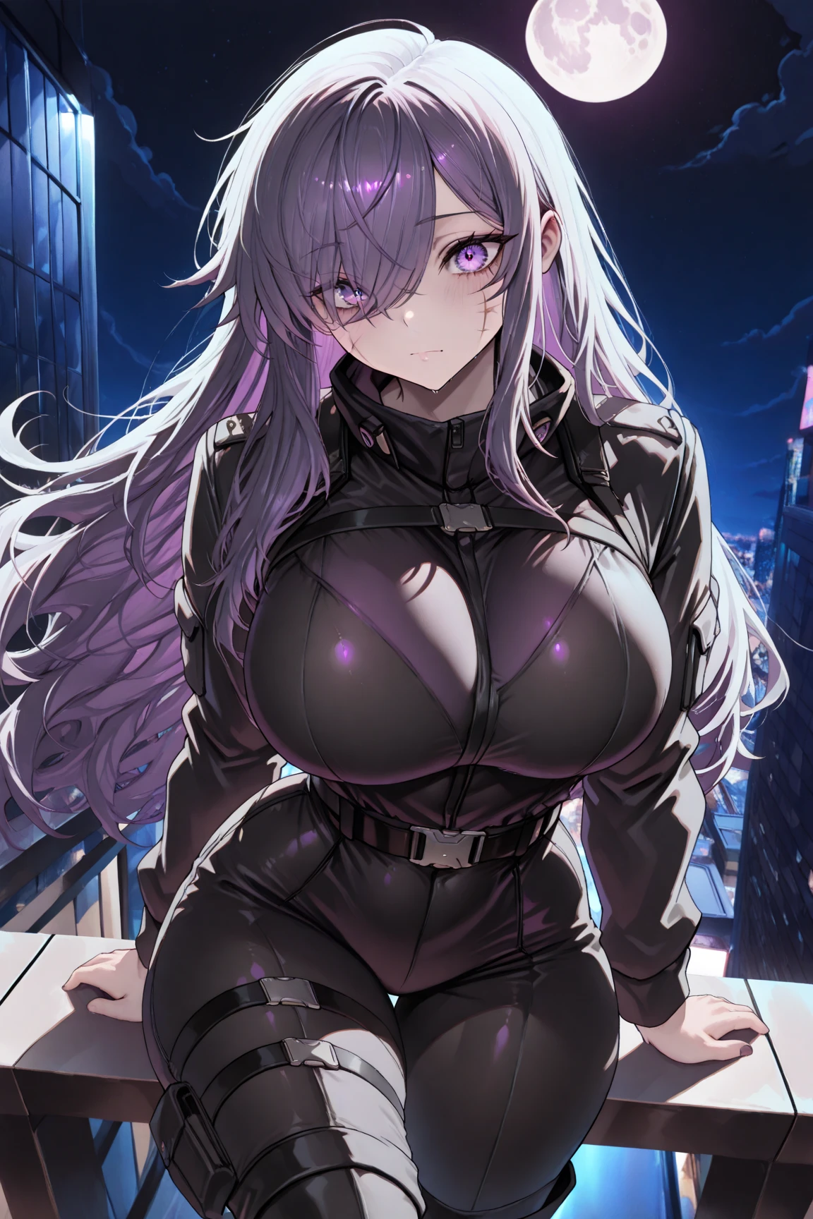 4k,High resolution,One Woman,White purple hair,long hair,Blue Eyes,Big Breasts,Nuns,A tight-fitting black cyber suit,Black Nuns Veil,Long sword,City of the Future