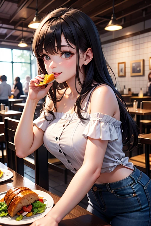 decoration, wears a ruffled shirt, bare shoulders, denim pants, long pants, sentdecoration, food table, in the restaurant, pov enamordecoration, ultra-quality, high detail costume, best quality, detailed image, (resolution 8k).