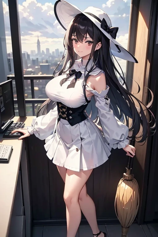 (tuxedo jacket), (light blue leotard), smiling(short height)(young girl), (black bunny ears), (huge round breasts)(big boobs), narrow waist, belly button, narrow hips, (bare hips), (thin legs)(bare legs), (narrow thighs), (white high-heel), (reddish brown ponytail)(white ribbon), nightscape, city lights, (Highly Detailed CG Unity 8K Wallpaper) (Better Quality) (Better lighting)