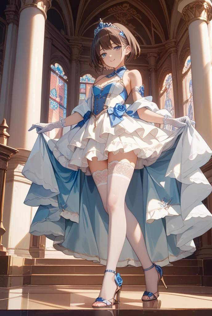 Arafed image of a beautiful girl dressed as a maid and white stockings, anime girl, royal blue maid uniform with miniskirt and ruffles, short sleeves, choker with a blue bow, white apron, low-cut chest, large round breasts, colored inner hair, dark brown hair, bangs, long hair, ponytail, wavy hair, swept bangs, shiny hair, hairclip, hair ribbon, maid headdress, butterfly hair ornament, aqua eyes, glowing eyes, pupils sparkling, earrings, shy, blush, red lips, glossy lips, teeth, nose blush, embarrassed, (standing, modern mansion, skirt lift), she looks back, you can see her panties, nice round buttocks, white lingerie with pretty lace, view from behind, her skirt accidentally rises, upskirt, full body, defined and perfect body, high detail, anime, anime style, chiaroscuro, depth of field, dithering, image fill, framed, wide shot, panorama, perspective, lens flare, Wide-Angle, f/1.8, 85mm, Nikon, 8k, super detail, UHD, retina, masterpiece, accurate, anatomically correct, high details, best quality, highres, 1080P, 16k