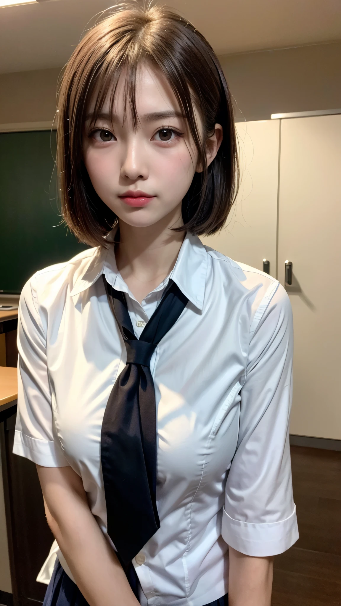 (masterpiece:1.3)、Very fine finish、(High resolution、8K:1.3)、Highest quality、Beautiful Hands、Beautiful Hands指、(Ultra-realistic as a photo:1.3), 超High resolutionの顔、The face is in focus、Ultra high definition and beautiful eyes、(Concentrated eyes:1.3)、(Eyes are symmetrical:1.3)、High quality and beautiful skin、Firm Skin、Natural Makeup、Gloss lips, Ultra HD Hair Texture、Japanese women、high school girl、17 years old、(High School Uniform:1.3), very cute, Very short hair:1.2, (Sitting:1.3), Mid-chest, , (Pink wall), (Very embarrassed:1.3), (blush:1.3), (View your viewers:1.2)