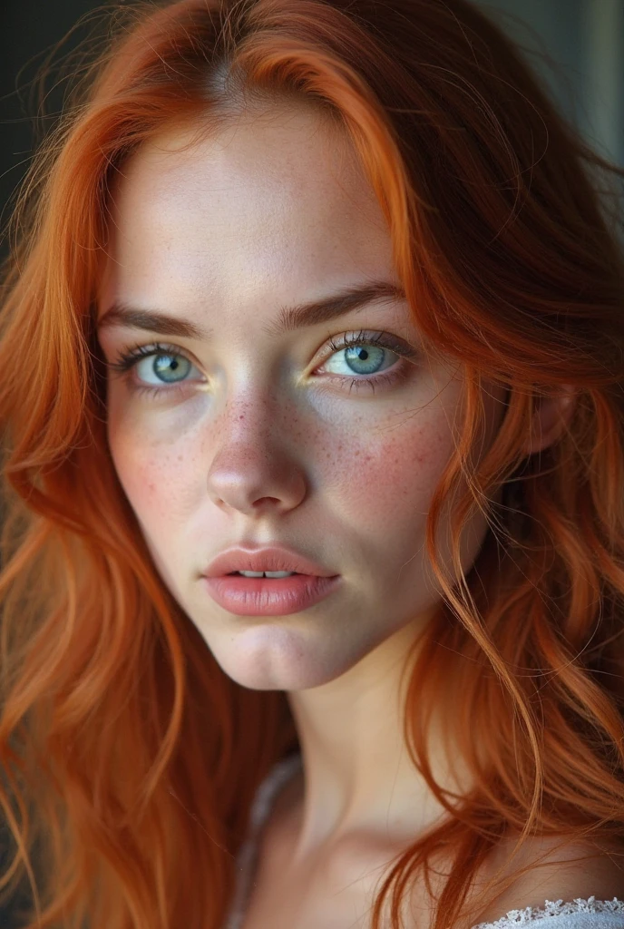 A thin white girl with blue eyes, a refined face, red hair, and very large breasts with freckles, with her mouth in a dick