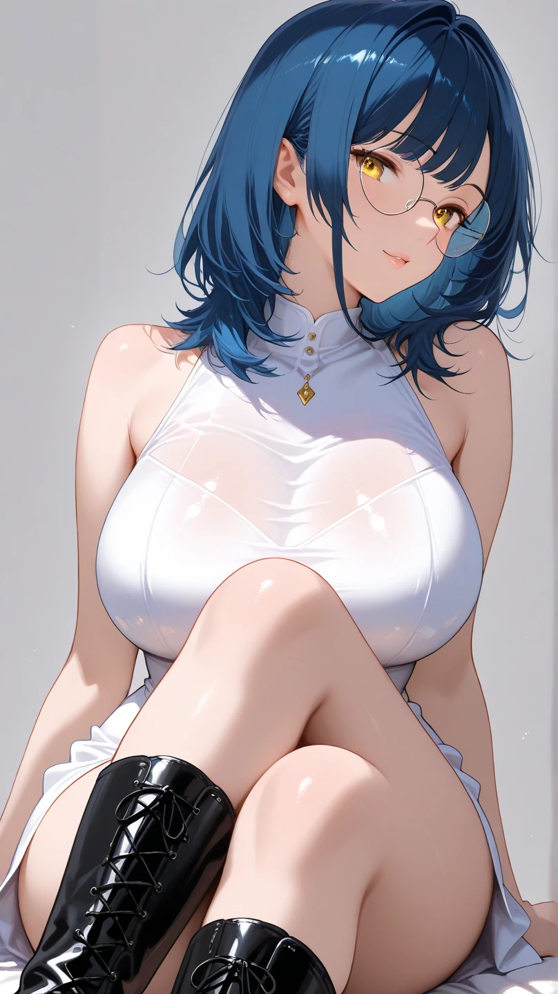 1 girl,highest quality,Super high quality,highest quality,anime characters,beautiful eyes,Detailed contours,big breasts,spread your legs,sweat all over,blue hair,beautiful big breasts,Full view of pussy,smile,white mini skirt,underboob,Angle from below side,on the bed,Y-shirt,is beautiful,open your mouth,Don&#39;t show your nipples,beautiful feet,my nipples are erect,Raise one leg,short hair,Turning the body straight to the side,cleavage,