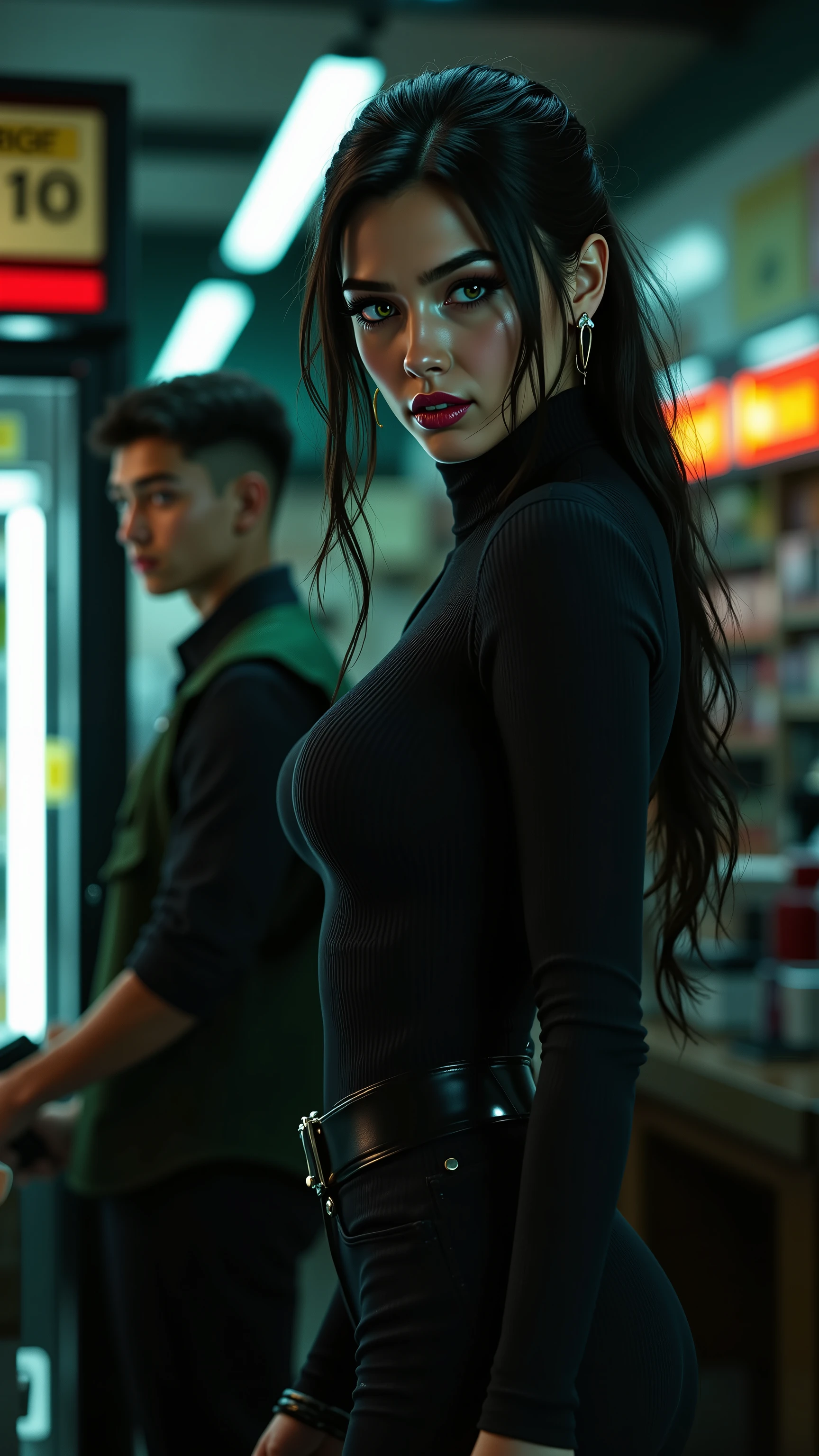 photo of a ultra realistic of a extremely hot girl named jill robbing a store clerk at a Convenience Store at midnight, +1girl, jill is holding the cashier at gunpoint, jill is wearing all black, +1boy, cashier is male and he is wearing a green cashier uniform and has a scared surprised look on his face, he is wearing a green cashier vest, he is standing behind the counter, deep depth of fields, Deep DoF, 8k, masterpiece, high detail, sharp focus